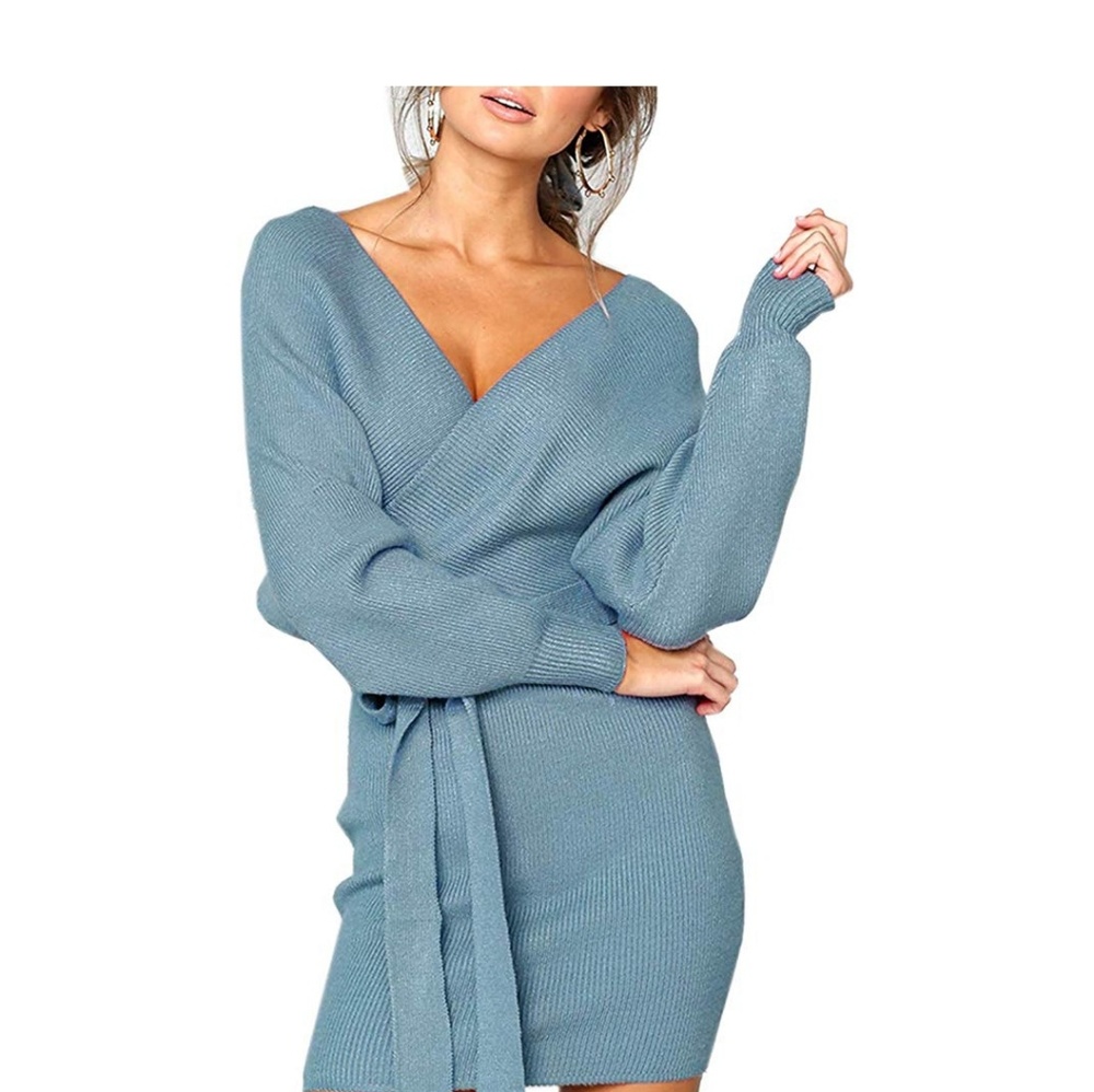 AUDRINA Pastel Blue Tie Front Wrap Dress - Picture 2 of 6